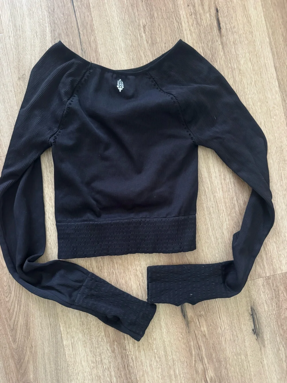 Free People Black Long-Sleeve Cropped Top with Front Keyhole
